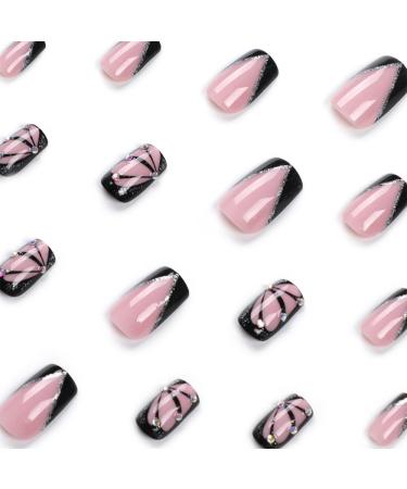 Buy Black Press on Nails - Short Medium Square French Tip with Butterfly Glitter & Rhinestones | 26 Piece Wedding Set - Acrylic Glue-On Nails for Women - Buy Online on GoSupps.com