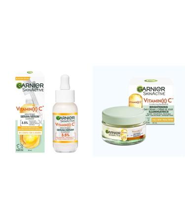 Garnier Vitamin C Serum + Moisturizing Brightening Day Cream Glow Bundle Brightening Serum with Vitamin C Serum + Day Cream