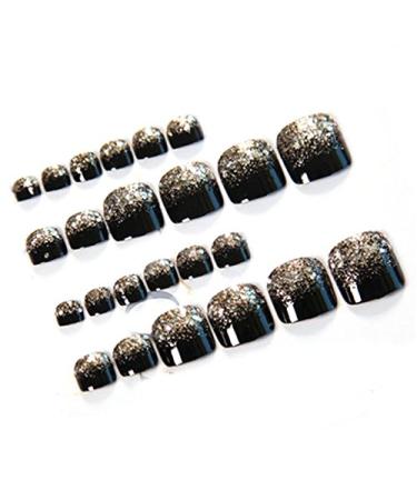 24 Pieces Black Shimmer French Fake Toenails - Full Cover 3D Nail Art in Black & Gold for Stunning Feet - Buy Online on GoSupps.com