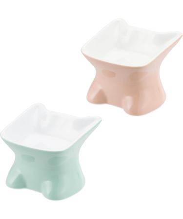 Navaris Raised Ceramic Cat Bowls (Set of 2) - Elevated Food and Water Bowl Pack for Cats - Cute Kitty Shaped Dishes with Ears - Dishwasher Safe - Green/Peach - Buy Online on GoSupps.com