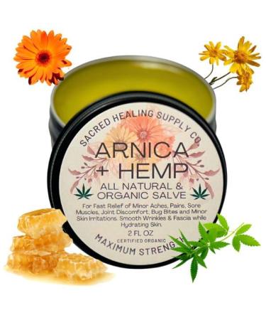 Sacred Healing Arnica + Hemp Organic Salve -Extra Strength Contains 3000MG Hemp- Nourishing Natural Hydrating Skin Care- Soothing Salve for Pain Relief Skin Irritations and More. Made in the USA