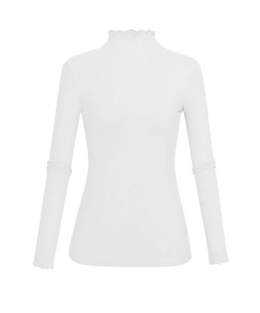 KLOTHO Lightweight Ruffle Mock Neck Tops Ribbed Lettuce Trim Soft Base Layer for Women A-white Large-X-Large