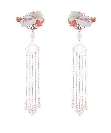 Lurrose 2 pieces Chinese tassel hairpise rabbits crystal bride dangling hairpins long tormented wedding hair accessories for women girls brides