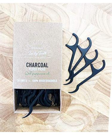Biodegradable Activated Charcoal Floss Picks | Organic Peppermint Oil | Zero Waste | Plastic Free - 50 Units - Buy Online on GoSupps.com