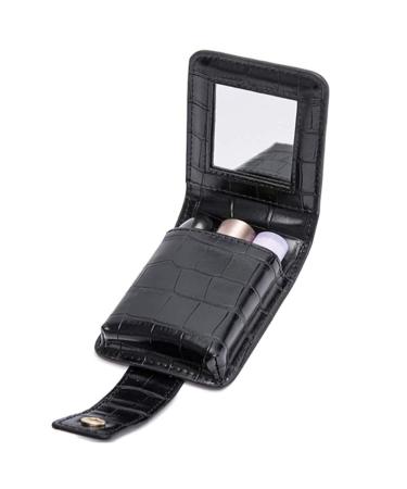 HSK_Mall Lipstick Case with Mirror Lipstick Holder for Purse Mini Cute Portable Cosmetic Bag for Women Travel Makeup Pouch Takes Up to 3 Lipstick Box Organizer Bag - Black