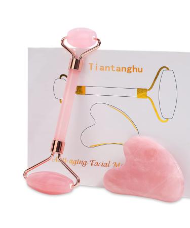 Tiantanghu Rose Quartz Roller and 3D Rose Quartz Heart Shape Guasha Massager for Face Neck and Eyes Facial Skin Care Tools Body Muscle Relaxing (Pink)