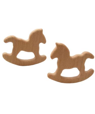Alenybeby 2pcs Wooden Trojan Horse Teething Accessory Pure Natural Animal Shape Nursing Necklace Beech Handmade Pattern DIY Pendant