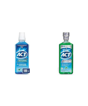 ACT Fluoride Mouthwash Bundle with Restoring 18 fl. oz. Cool Mint and Anticavity 18 fl. oz. Mint Rinses 18 Fl Oz (Pack of 1) Mouthwash + Mouthwash 18 fl. oz.