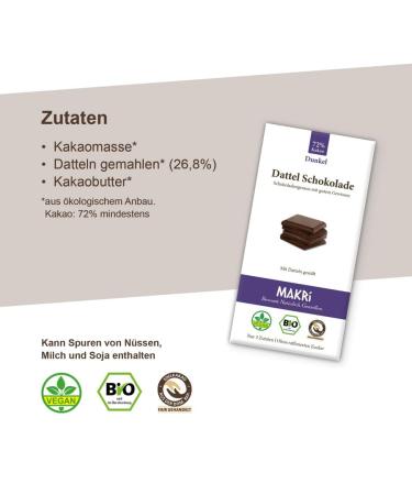 Buy Makri Bio Dattel Chocolate - Vegan Sugar-Free Fair Trade Dark 72% (1 Piece) for International Shipping - Buy Online on GoSupps.com