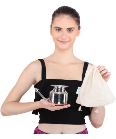 SteloKleen Stainless Steel Neti Pot Kit with Pure Salt - Unbreakable Pot & Leak Plug Nose Tip for Improved Nasal Health | HealthAndYoga - Buy Online on GoSupps.com
