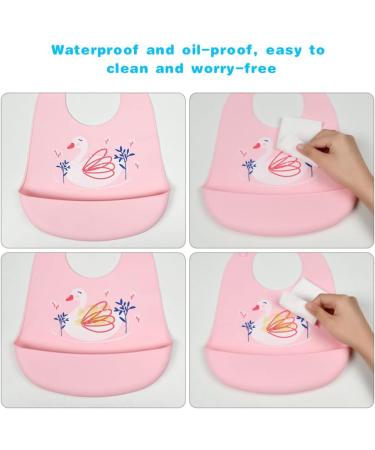 Vicloon Silicone Baby Bib 2PCS - Waterproof Adjustable Bibs for Infant Toddler with Food Catcher Pocket - Owl & Swan Pink-Purple - Buy Online on GoSupps.com