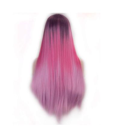 SHIYID Long Straight Pink Red Dark Roots Synthetic Lace Front Wig - Natural Hairline Wigs for Women | International Shipping - Buy Online on GoSupps.com