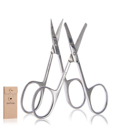 ONTAKI 2 Pack Facial Grooming & Nose Hair Scissors - 1 Curved Blade Tip & 1 Safety Blunt Rounded Tip - Perfect Facial Set For Trimming Moustache, Beard, Nose, Ears, Eyebrow (Silver) Silver Pack