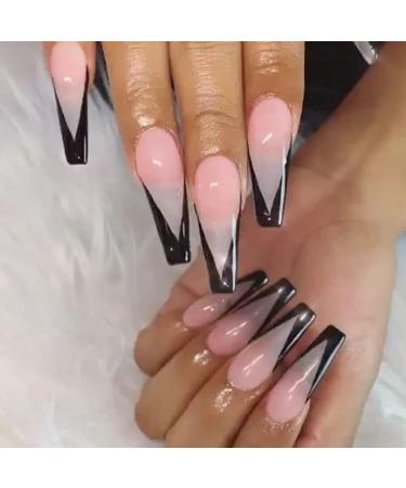 Outyua Black French Press On Nails - Extra Long Coffin Ballerina Acrylic Nails, 24 Pcs Full Cover for Women & Girls - Buy Online on GoSupps.com