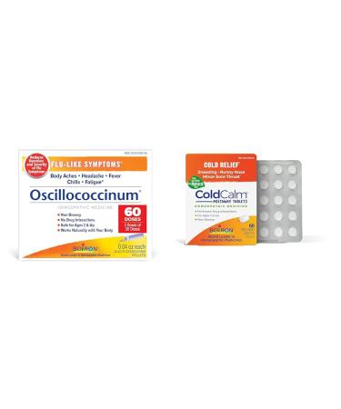 Boiron Oscillococcinum for Relief from Flu-Like Symptoms of Body Aches & ColdCalm Tablets for Relief of Common Cold Symptoms Such as Sneezing 30 Count (Pack of 2) + ColdCalm Tablets 60 Count