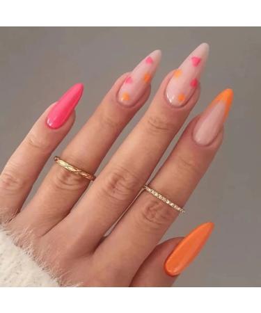 BSLVWG 24 pieces almond press on nails short multi -colored French stick on nails with wave patterns nude swirl false nails short for women oval artificial nails with glue for nails art (05)