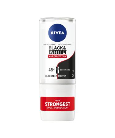 NIVEA Black & White Max Protection (50 ml), Women's Deodorant, Roll On Antiperspirant to Reduce White Marks, Women's Deodorant, Maximum Protection, 48h Protection