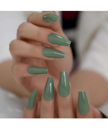 HUJL Artificial Nails - Shiny Olive Pressed Ballerina Flat Nails | No Print Tape | International Shipping - Buy Online on GoSupps.com