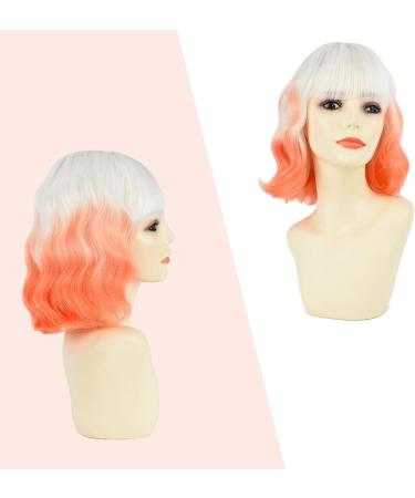 Yamel Wavy Bob Wig with Bangs - Shoulder Length Short Curly Ombre Synthetic Hair Wig in Bright Orange for Women - Buy Online on GoSupps.com