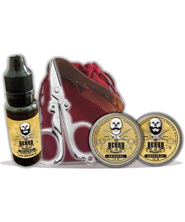 Beard Grooming Kit - Beard Oil Taming Balm Mustache Wax Pocket Beard Comb Mini Scissors in Drawstring Bag - 100% Natural & Organic Jojoba Oil Shea Butter & Hemp Seed Oil