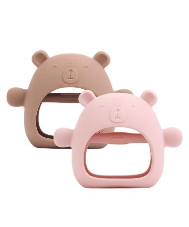 2 Pack Baby Teething Toys Baby Teether Vcnoeo Anti-Drop Wrist Teether Chewing Toys Suitable for Babies Over 3 Months Old for Soothing Teething Pain (Dark Pink Caramel)