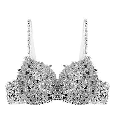 Kvysinly Women's Sparkle Belly Dance Costume Bra Top Sequin Rave Dance Crop Tops Party Club Wear Silver Medium