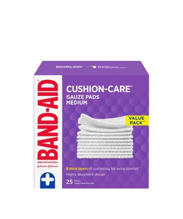 Band-Aid Brand CUSHION-CARE(TM) Gauze Pads are Sterile and Ideal for Minor Cuts Scrapes & Burns Non-Adhesive & Individually-Wrapped Wound Care Dressing Pads Medium Size 3 inches x 3 inches 25 count Value Pack 25 Count Medium