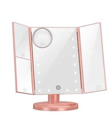 MILEDUO Makeup Mirror with Lights  1X 2X 3X 10X Magnification Vanity Mirror  Touch Control  Trifold Makeup Mirror  Dual Power Supply  Portable LED Makeup Mirror  Women Gift Rose Gold
