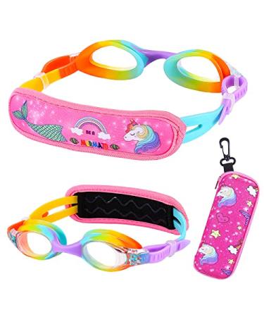 RUIGAO Swim Goggles Kids 3-14, Kids Goggles Swimming, Toddler Goggles,Youth Goggles, No Hair Pull/Fabric Strap/Bunge Strap 01 Rainbow