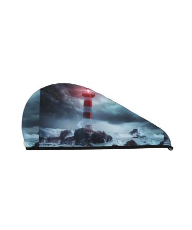 Hair Towel Wrap Hair Drying Towel with Button Towel Turban Head Towel to Dry Hair Quickly (Lighthouse in A Stormy Sea)