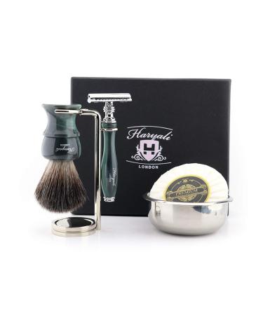 Haryali London shaving set for men double-edged safety razor with synthetic hair brush stand bowl and soap