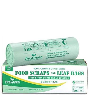 ProGreen 100% Compostable Trash Bags 3 Gallon, Extra Thick 0.71 Mil, 100 Count, Small Kitchen Compost Bin Bags, Food Scraps Yard Waste Bags, Compost ASTM D6400 BPI and TUV AUSTRIA Certified