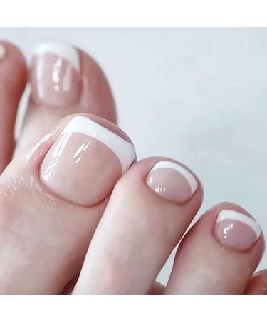 AIDVPOD 24Pcs Press on Toenails Fake Toe Nail Nude White French Tip Sticker with Glue Summer Full Cover False Fashion Square Short Removable Acrylic Nails for Women Manicure Decor White Pink