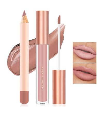 Matte Nude Lip Liner and Lipstick Makeup Set Matte Liquid Lipstick/Nude Lip Stain High Pigment Lipstick & Lipliner Pencil for Women Smooth Lip Color Makeup (01)