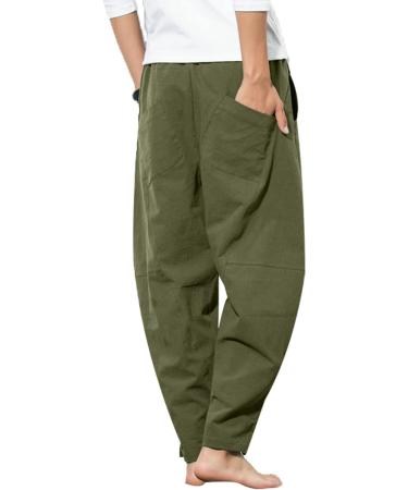 YAOBAOLE Men's Army Green Cotton Linen Harem Pants with Pockets - Casual Comfort for International Shipping - Buy Online on GoSupps.com