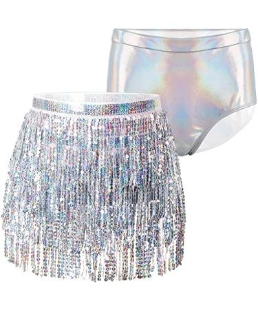 Women's Sequin Tassel Skirts with Metallic Rave Shorts for Women Medium