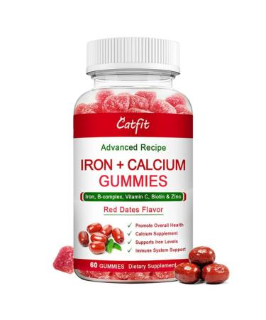 Catfit Red Dates Flavor Iron + Calcium Gummies Supplement with VitaminC - Immune & Energy Support - 60 Gummies