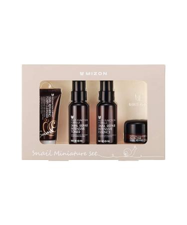 MIZON Snail Line Set  Korean Snail Skincare Essentials Set  Mini Sized Snail Foam Cleanser  Toner  Essence  and All in One Facial Cream to Improve Skin Tone  Fine Wrinkles  Smooth  Moisturize.