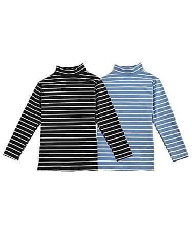 2 Pack Boys Girls Striped Fleece Thermal Underwear Tops Long Sleeve T-Shirts 7-8 Years Black Blue