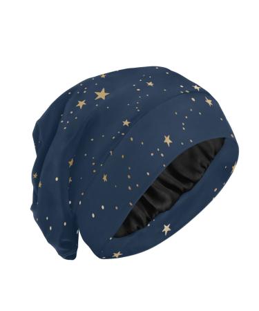 ElliTarr Satin Bonnet Lined Sleep Cap Hair Wrap Cover Slouchy Beanie for Curly Hair Protection for Gifts for Men Women Dark Blue Stars