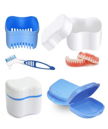 Presses storage box prostheses container prosthesis cup prosthetic socket set prosthesis box with basket with prostheses cleaner brushes for false teeth storage cleaning blue 1blau