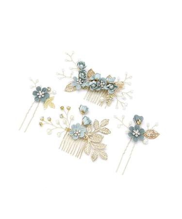 Wedding hair comb 1 set flowers bride headdress decorative rhinestone pearl hairdresses hair accessories for brides bridesmaid girl (green)