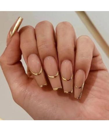 Press on Nails Coffin Long Fake Nails  Exquisite Gold Foil Stripes Design  Golden Line Fake Nail Tips Women's French False Nails Nude Daily Wear Artificial Nails for Nail Art Manicure Decoration 24pcs glod_stripe
