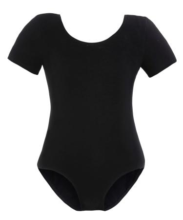 Domusgo Girls Short Sleeve Leotard Breathable Cotton Gymnastics Ballet Dancewear for Children Black Pink White S-black 7-8 Years