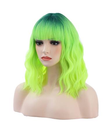 BERON 14 Inches Green Wig Short Curly Wig with Bangs Dark Root Ombre Green Wig Synthetic Wigs Women Girls Ombre Wig with Wig Cap Dark Root Ombre Green 14 Inch Synthetic