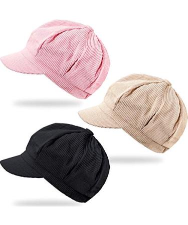 3 Pieces Women Newsboy Cap Summer Beret Cap Cabbie Painter Hat 8 Panel Vintage Octagonal Visor Hats Khaki, Light Pink and Black
