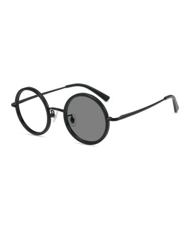 HELES Unisex Retro Round Reading Glasses Metal Spring Hinge Photochromic Grey Single Vision Outdoor Sunglasses VU400 Readers Black +1.00 Strength