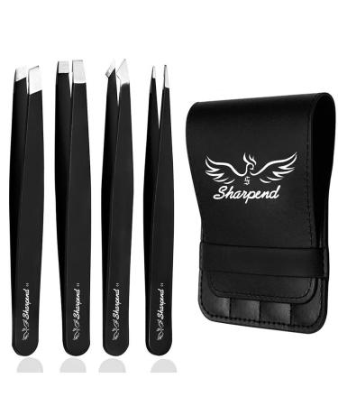 Sharpend Tweezers Set 4 Pieces - Professional Stainless Steel Tweezers for Eyebrows Great Precision for Facial Hair Splinter and Ingrown Hair Removal Anti-rust Alloy Tweezers for Women & Men (Black)