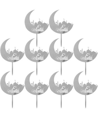 Eid Mubarak Cupcake Toppers 10pcs Eid Acrylic Cupcake Topper Ramadan Cake Decorations Kareem Party Supplies for Muffin Cake Silver - Buy Online on GoSupps.com