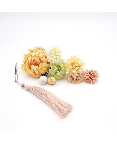 Japanese Kimono Hair Clips - Chiffon Flower Hairpins with Tassel | 9-Piece Set of Women's Hair Accessories for Weddings & Photo Props - Yellow - Buy Online on GoSupps.com
